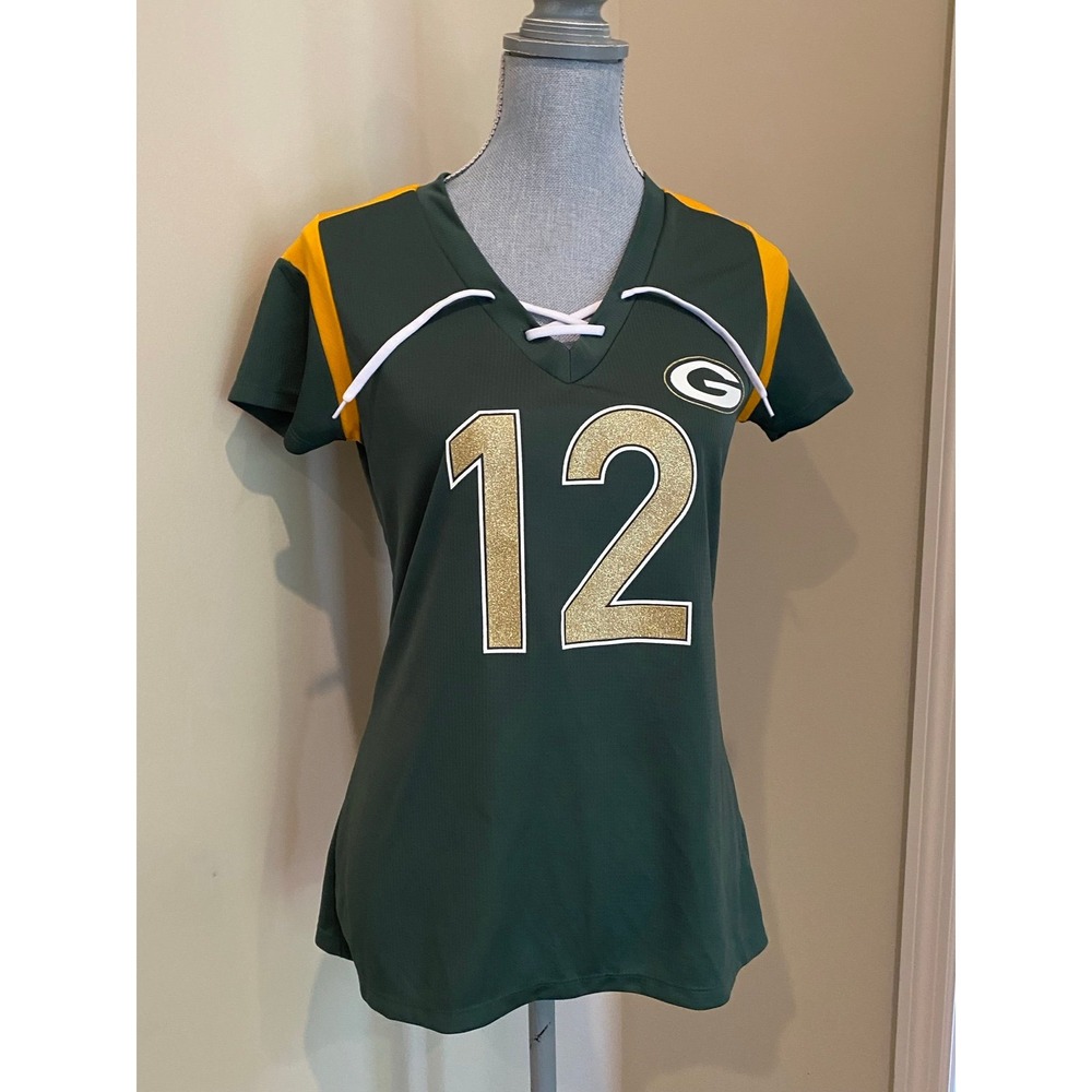 NFL Green Bay Packers Aaron Rodgers 12 Gold Glitter Jersey Shirt Women Small s67